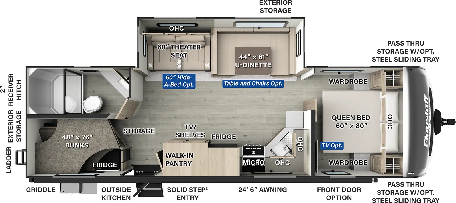 The Flagstaff Super Lite Travel Trailers 27DBH has two entries and one slide out. Exterior features include: fiberglass exterior, 24'6" awning and outside kitchen. Interiors features include: bunk beds, free-standing dinette option, u-dinette and front bedroom.